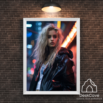 Cyber Blonde Girl framed wall art print with white frame