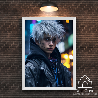 Cyber White Haired Guy framed wall art print with white frame