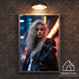 Cyber Blonde Girl framed wall art print with wood-finish frame